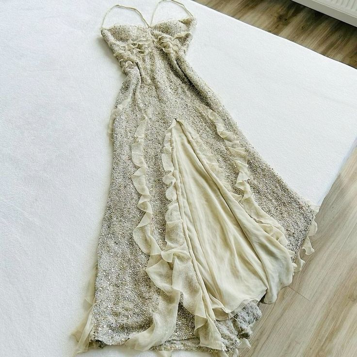 Spaghetti Straps Sequin Long Prom Dress With Slit