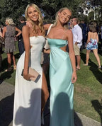 Spaghetti Straps Sheath Light Blue Prom Dresses Prom Satin Prom Dresses