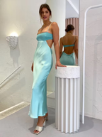 Spaghetti Straps Sheath Light Blue Prom Dresses Prom Satin Prom Dresses
