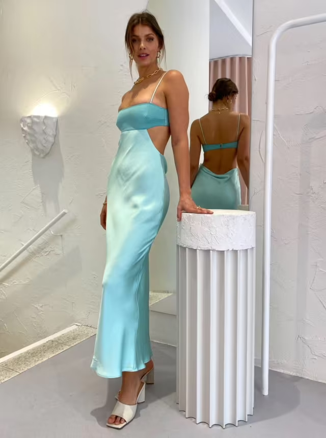 Spaghetti Straps Sheath Light Blue Prom Dresses Prom Satin Prom Dresses