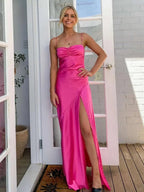 Spaghetti Straps Sheath Long Prom Dresses With Split