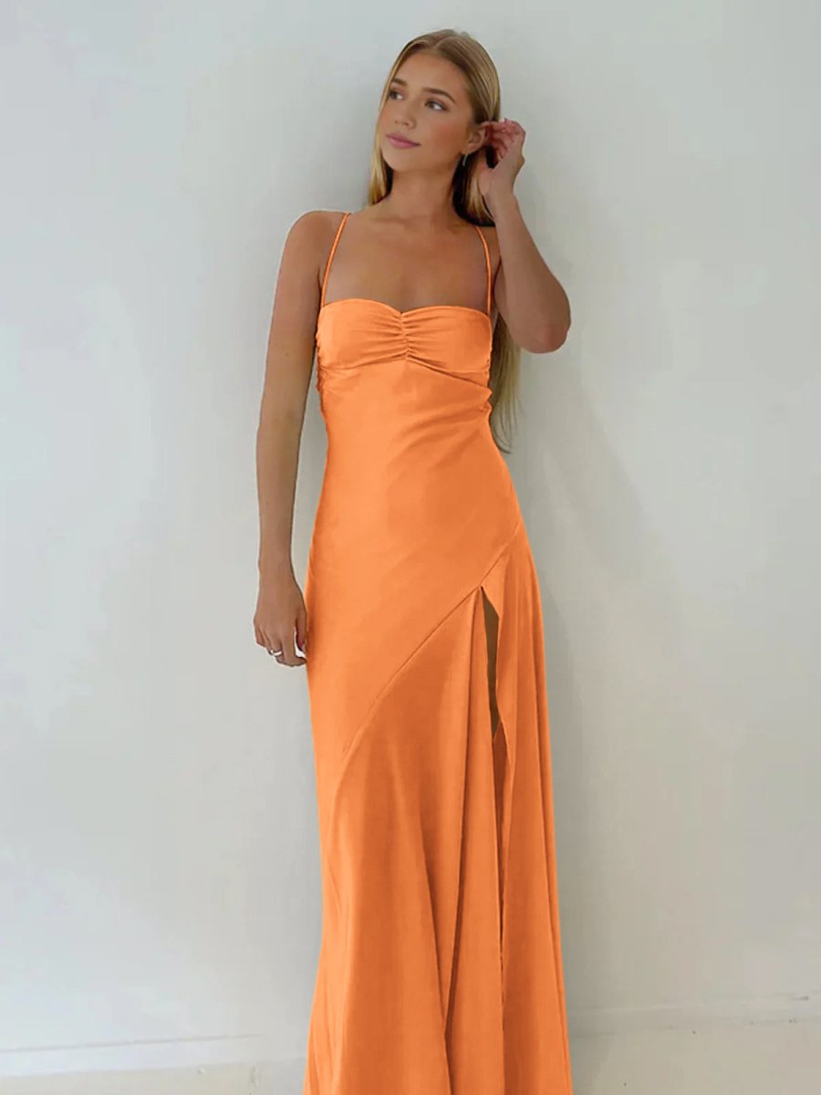 Spaghetti Straps Sheath Long Prom Dresses With Split