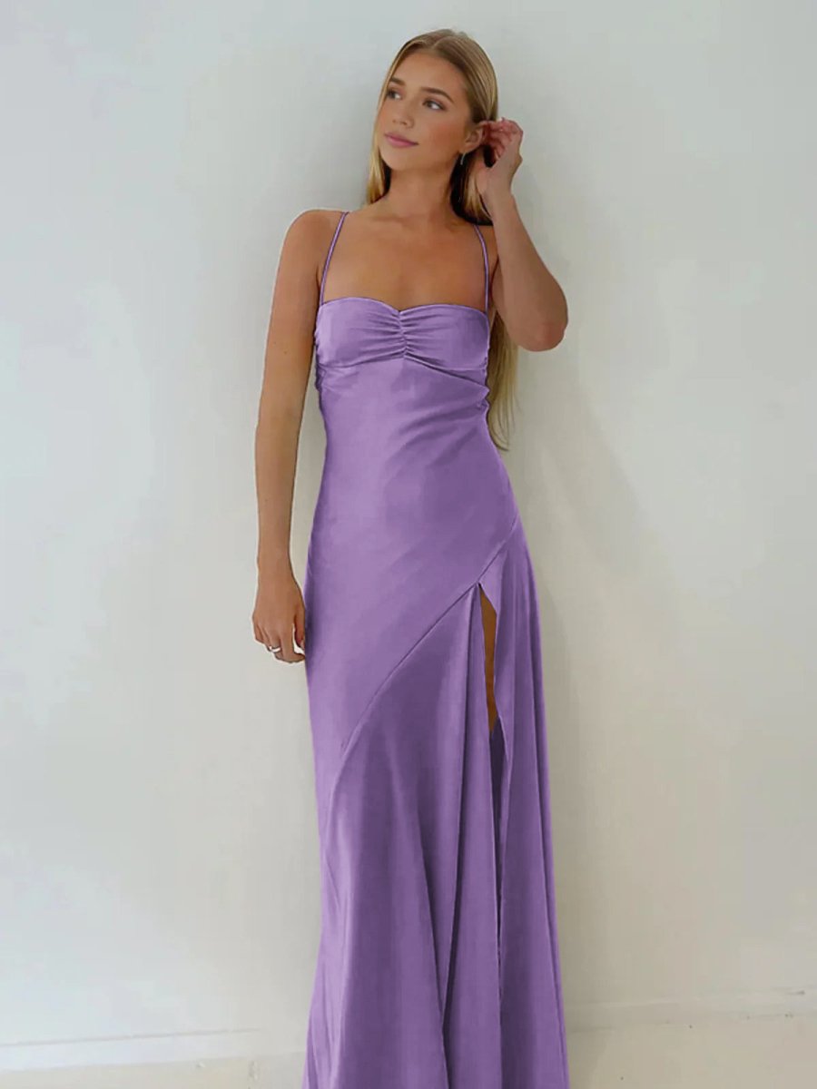 Spaghetti Straps Sheath Long Prom Dresses With Split