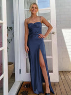 Spaghetti Straps Sheath Long Prom Dresses With Split