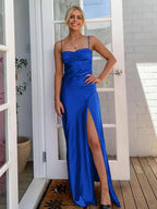 Spaghetti Straps Sheath Long Prom Dresses With Split