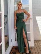 Spaghetti Straps Sheath Long Prom Dresses With Split