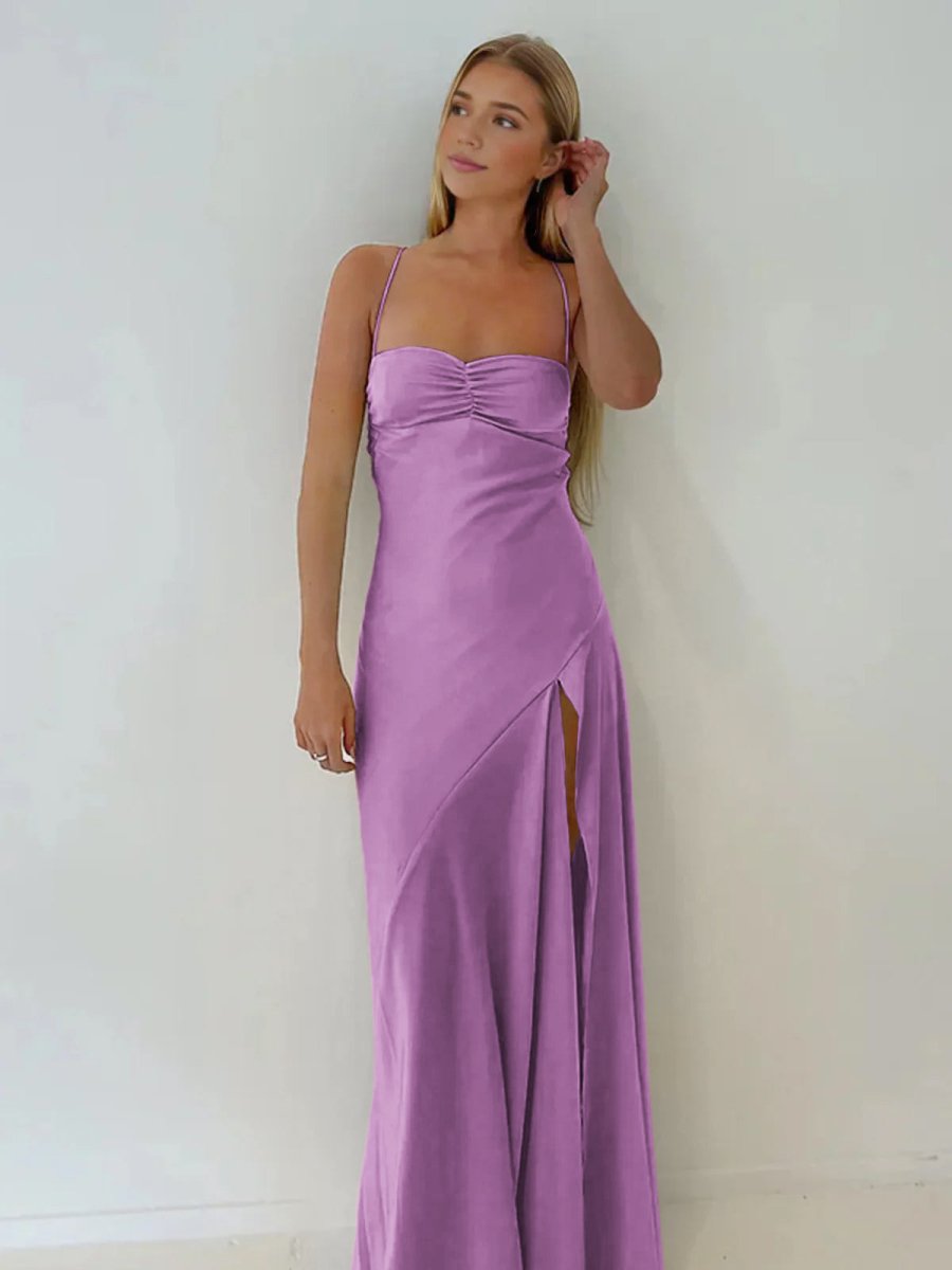 Spaghetti Straps Sheath Long Prom Dresses With Split