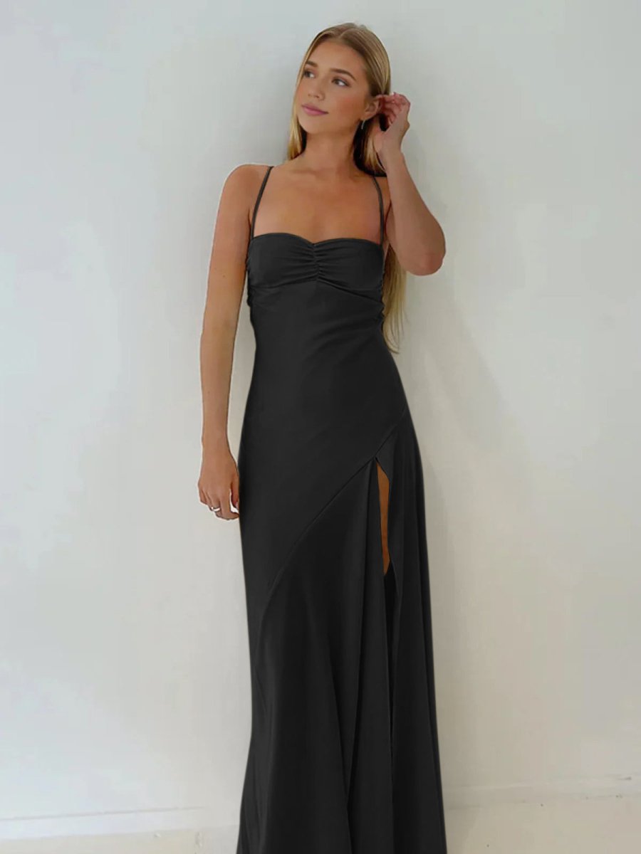 Spaghetti Straps Sheath Long Prom Dresses With Split