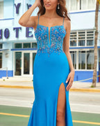 Blue Spaghetti Strap Gorgeous Exquisite Beaded Bodycon Long Satin High Slit Ball Gown Evening Dress