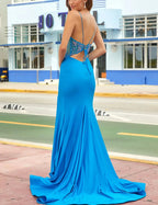 Blue Spaghetti Strap Gorgeous Exquisite Beaded Bodycon Long Satin High Slit Ball Gown Evening Dress