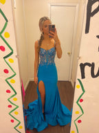 Blue Spaghetti Strap Gorgeous Exquisite Beaded Bodycon Long Satin High Slit Ball Gown Evening Dress