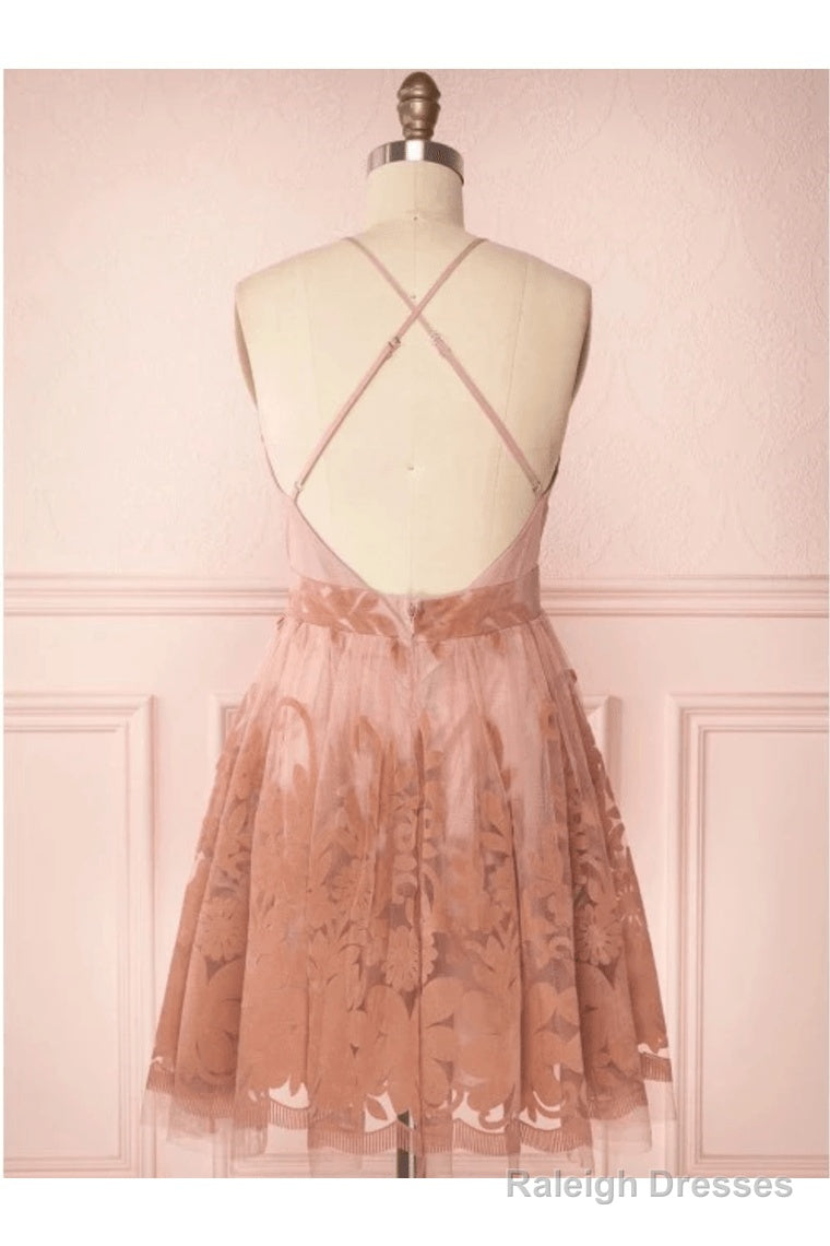 Spaghetti Straps Short Pink Homecoming Dress Criss Cross Back