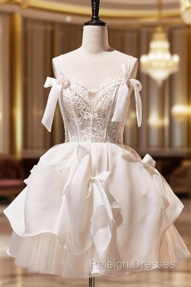 Spaghetti Straps Short Prom Dress with Lace, Homecoming Gown with Bowknot Main image