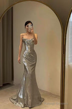 Spaghetti Straps Silver Mermaid Long Prom Dresses