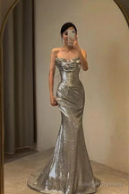 Spaghetti Straps Silver Mermaid Long Prom Dresses