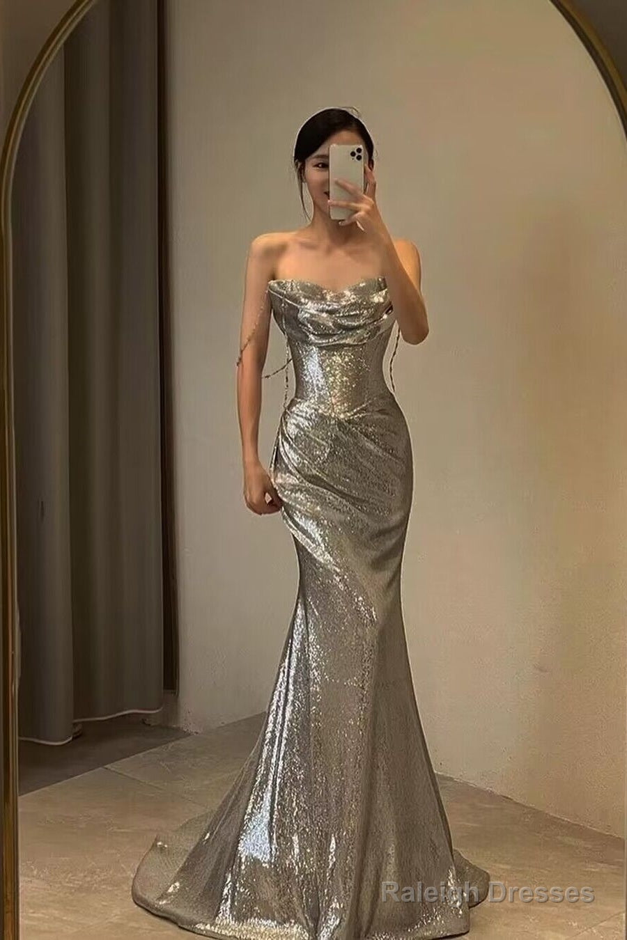 Spaghetti Straps Silver Mermaid Long Prom Dresses