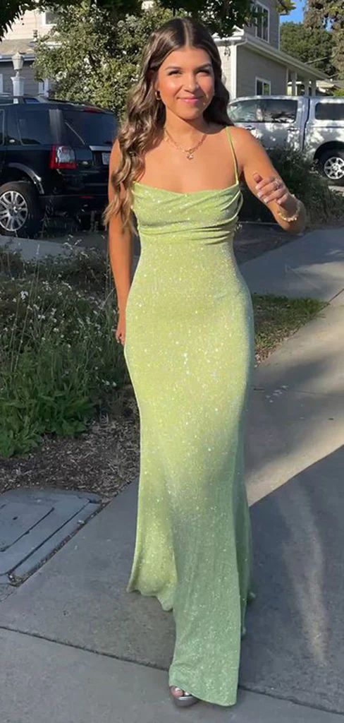 Spaghetti Straps Sparkly Prom Dress Long Mermaid Prom Dresses