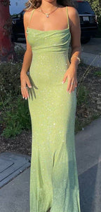 Spaghetti Straps Sparkly Prom Dress Long Mermaid Prom Dresses
