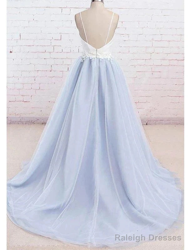 Spaghetti Straps Sweep Train Backless Light Blue Tulle Prom Dress Evening Dress Secondary image