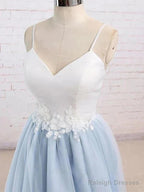 Spaghetti Straps Sweep Train Backless Light Blue Tulle Prom Dress Evening Dress
