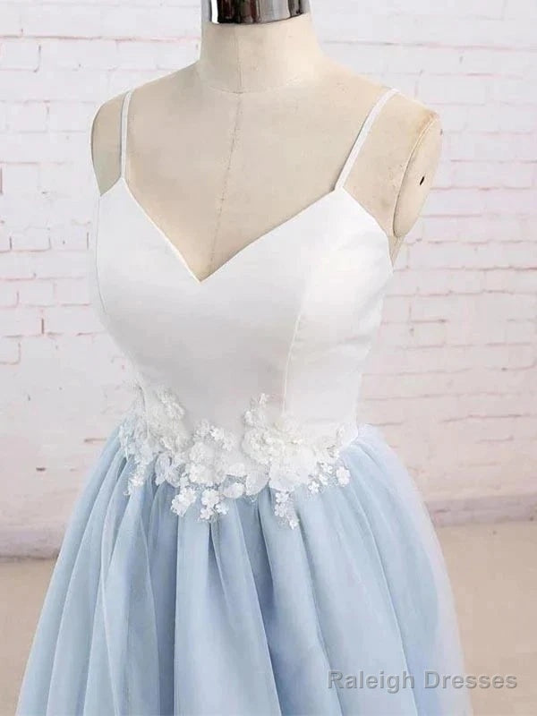 Spaghetti Straps Sweep Train Backless Light Blue Tulle Prom Dress Evening Dress