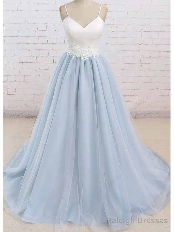 Spaghetti Straps Sweep Train Backless Light Blue Tulle Prom Dress Evening Dress Main image
