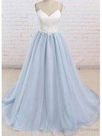Spaghetti Straps Sweep Train Backless Light Blue Tulle Prom Dress Evening Dress