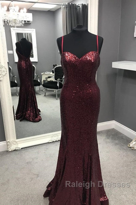 Spaghetti Straps Sweetheart Mermaid Sequins Prom Dresses