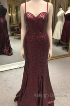 Spaghetti Straps Sweetheart Mermaid Sequins Prom Dresses