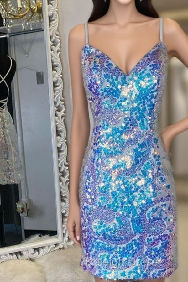 Spaghetti Straps Tight Blue Sequins Homecoming Dress Party Dress Main image