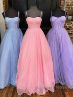 Spaghetti Straps Tulle Purple Bling Bling A-Line Prom Dresses