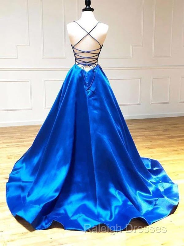 Spaghetti Straps V-Neck A-Line Royal Blue Prom Dress,