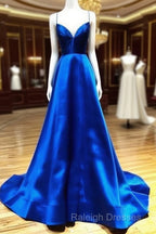 Spaghetti Straps V-Neck A-Line Royal Blue Prom Dress,