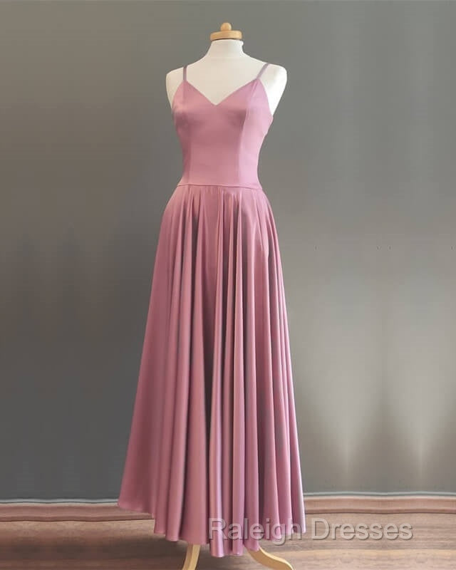 Spaghetti Straps V Neck Ankle Length Bridesmaid Dresses