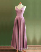 Spaghetti Straps V Neck Ankle Length Bridesmaid Dress