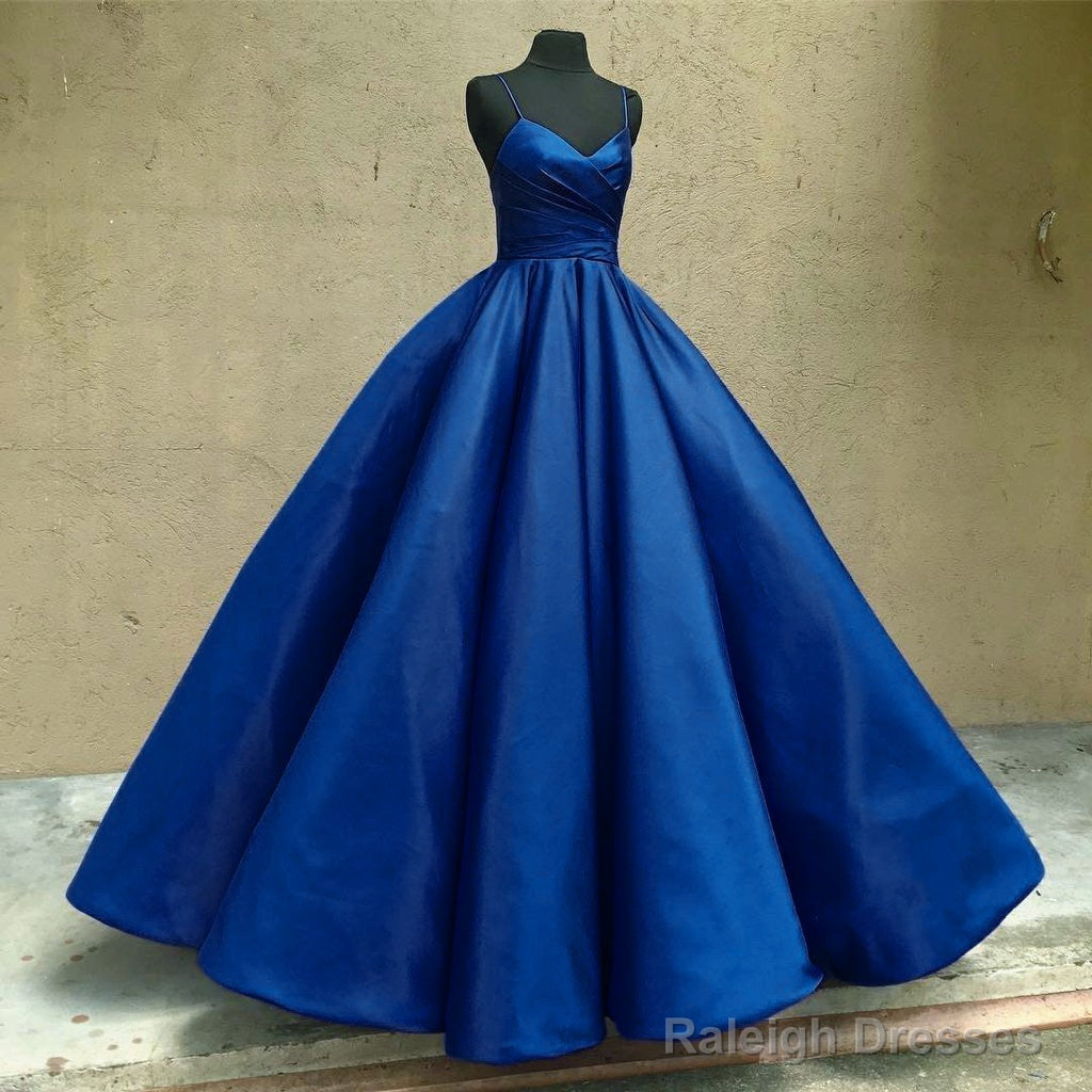 Spaghetti Straps V-Neck Ball Gowns Prom Satin Dresses
