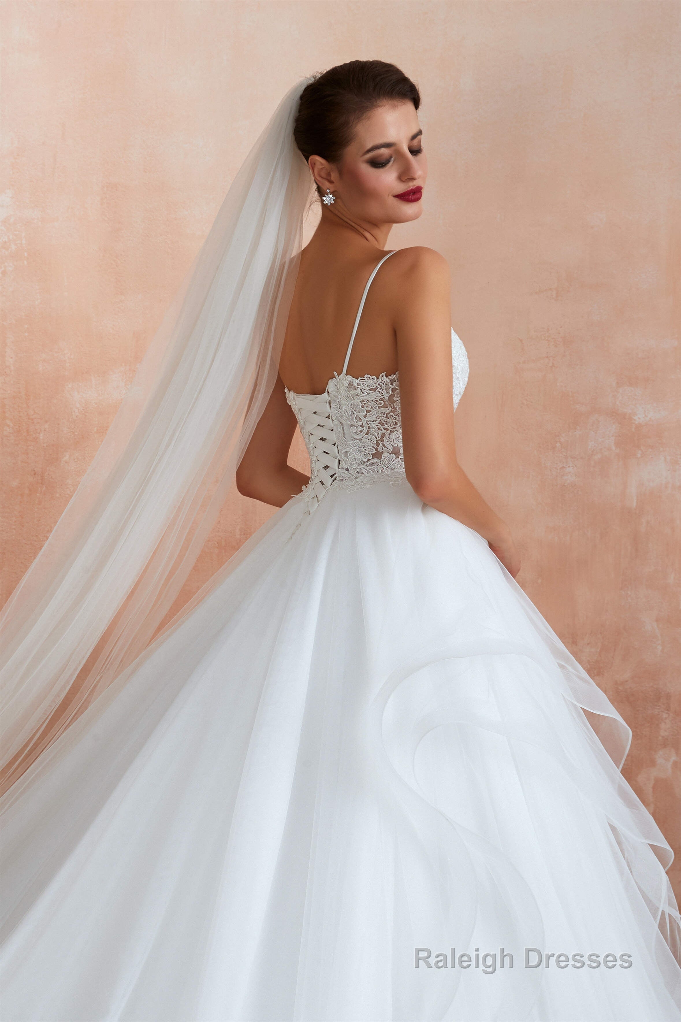 Spaghetti Straps V-neck Lace Organza Tiered A-line Wedding Dresses