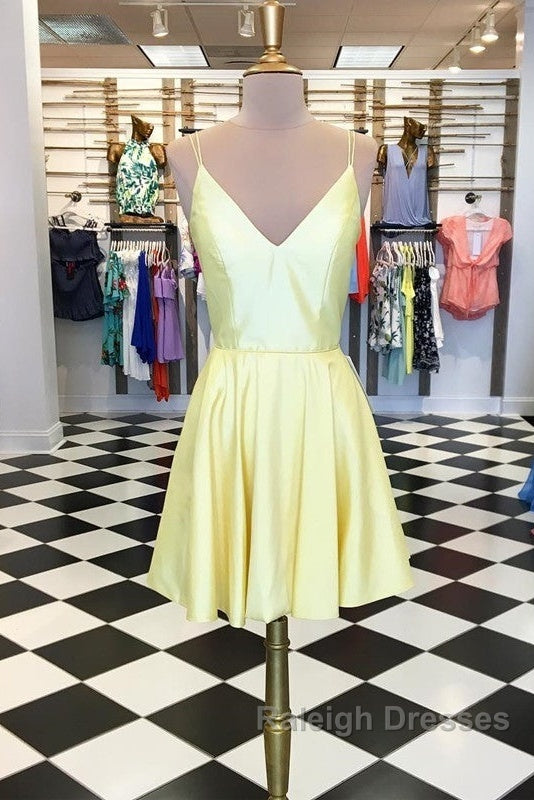 Spaghetti Straps V-Neck Satin Homecoming Dress Short Mini Cocktail Dresses