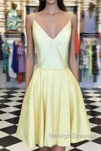 Spaghetti Straps V-Neck Satin Homecoming Dress Short Mini Cocktail Dresses