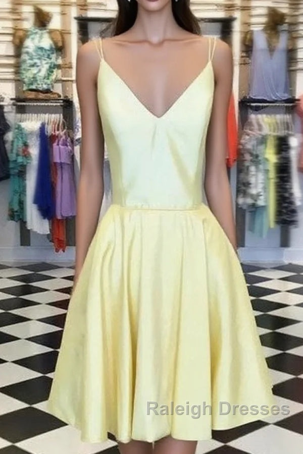 Spaghetti Straps V-Neck Satin Homecoming Dress Short Mini Cocktail Dresses