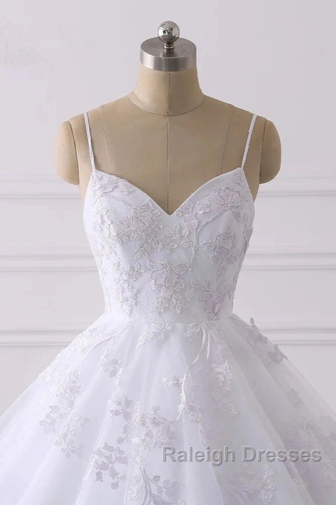 Spaghetti-Straps V-Neck Wedding Dress With Lace Appliques