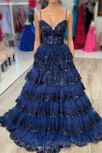 Spaghetti Straps White Layered A-Line Prom Dress with Sequin