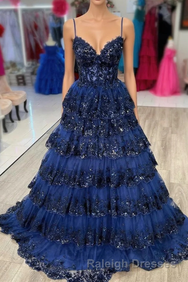 Spaghetti Straps White Layered A Line Prom Dresses with Sequin