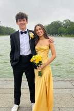 Spaghetti Straps Yellow Long Sheath Prom Dresses With Slit