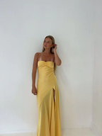 Spaghetti Straps Yellow Mermaid Long Prom Dresses Slit Prom Dresses