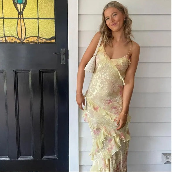 Spaghetti Straps Yellow Sheath Prom Dresses Long Ruffled Lace Dresses 2027
