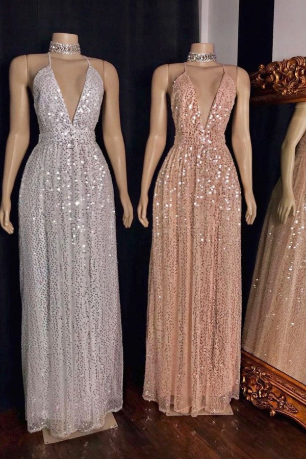 Spaghetti V-Neck Polka Sequins Tulle Floor Length Mermaid Prom Dresses Main image
