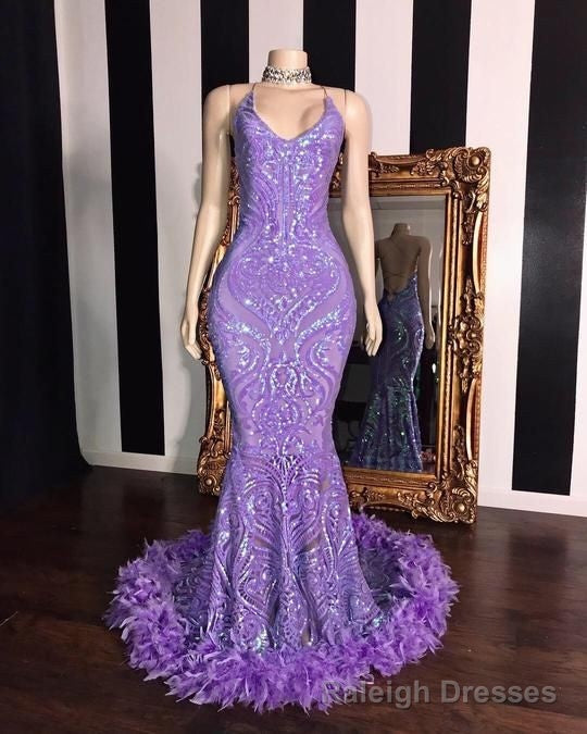 Spaghetti V Neck Sequins Floor Length Fur Train Mermaid Prom Dresses Secondary image