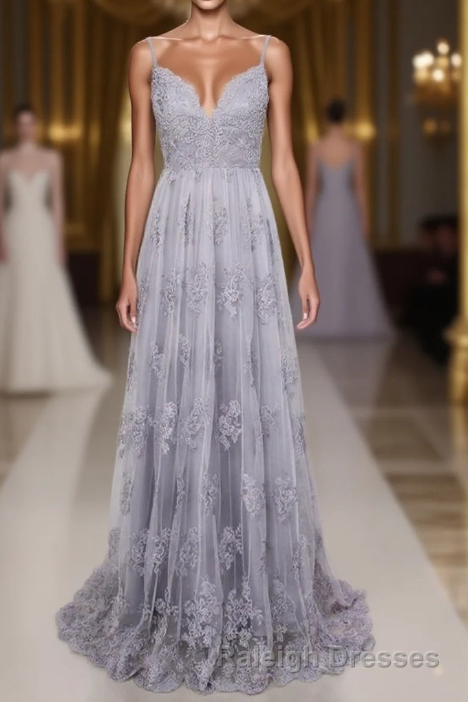 Spaghetti Straps Long Lace Prom Gown A Line V Neck Sleeveless Prom Dress Main image