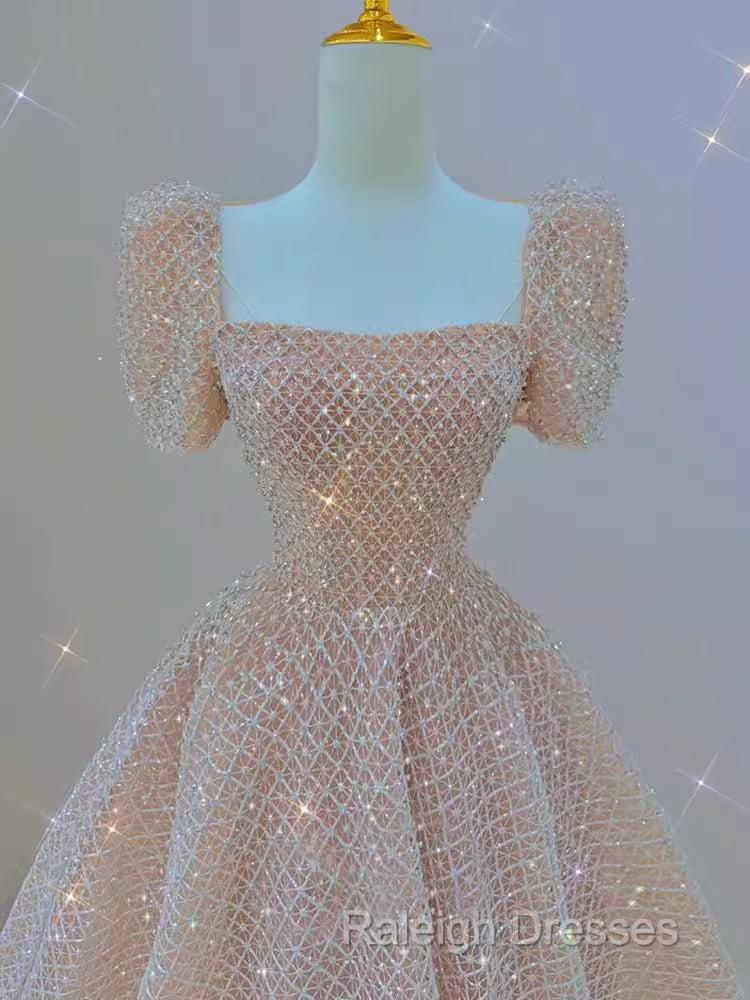 Sparkle A Line Square Neckline Sequin Pink Long Prom Dress Secondary image